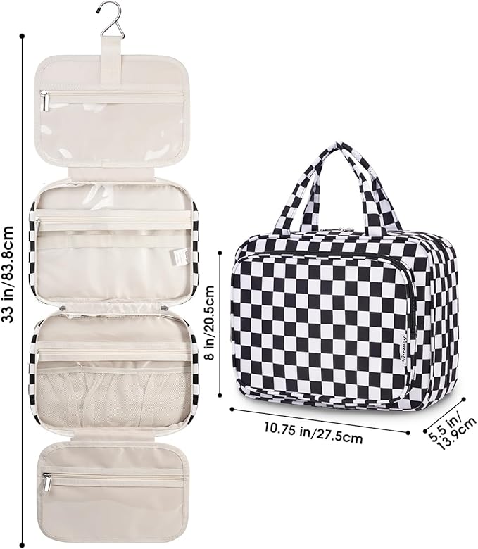 Narwey Hanging Toiletry Bag for Women Travel Makeup Bag Organizer Toiletries Bag for Travel Size Essentials Accessories Cosmetics (Black Checkerboard (Medium))