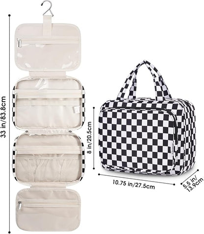 Narwey Hanging Toiletry Bag for Women Travel Makeup Bag Organizer Toiletries Bag for Travel Size Essentials Accessories Cosmetics (Black Checkerboard (Medium))