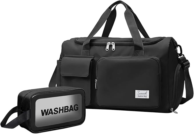 Gym Bag for Women Men, Travel Duffle Bag Large Capacity Carry On Weekender Bag With Shoe Compartment Gym Tote Dry Wet Separation Duffel Bag with Makeup Bag, Black