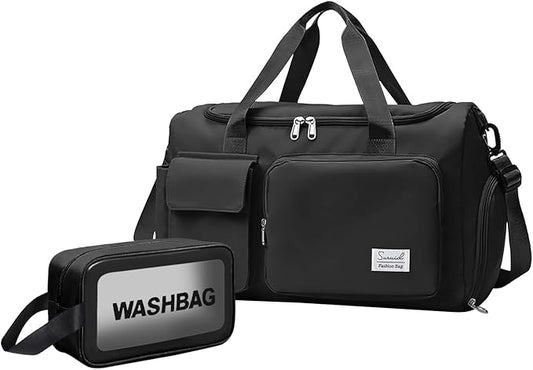 Gym Bag for Women Men, Travel Duffle Bag Large Capacity Carry On Weekender Bag With Shoe Compartment Gym Tote Dry Wet Separation Duffel Bag with Makeup Bag, Black