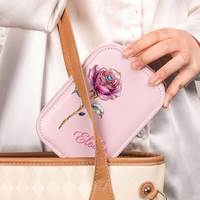 callie Personalized Birth Flower Jewelry Box with Mirror & LED 3 Adjustable Light, Custom Name - Travel Makeup Box Organizer, Birthday Christmas Gift for Women Girls