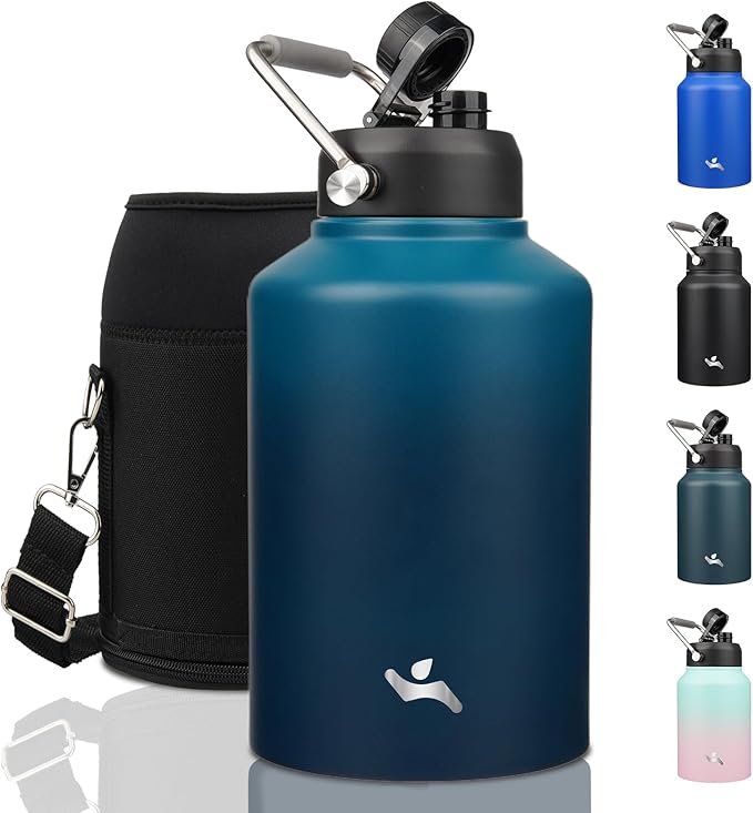 1 Gallon Jug with Handle,128 oz Insulated Water Bottle with Carrying Pouch, Double Wall Vacuum Stainless Steel Metal Bottle,Indigo Black