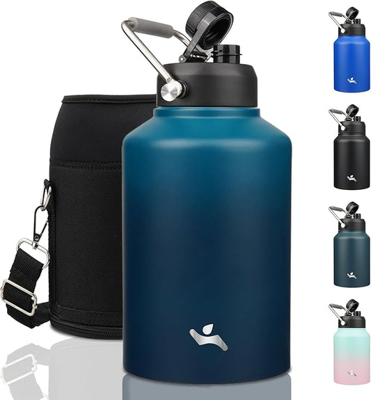 1 Gallon Jug with Handle,128 oz Insulated Water Bottle with Carrying Pouch, Double Wall Vacuum Stainless Steel Metal Bottle,Indigo Black