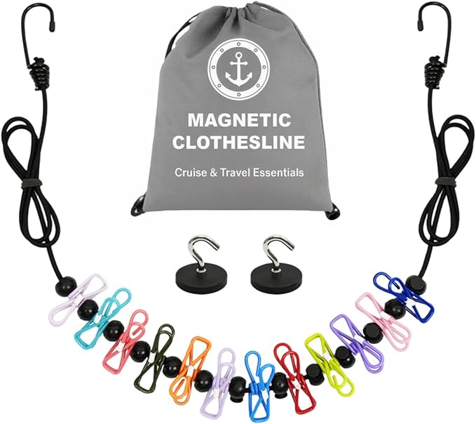 Magnetic Clothesline for Cruise Ship Cabin Approved – Non-Scratch Rubber-Coated Magnets with 12 Clips & Waterproof Storage Bag, Portable Travel Clothes Line, Cruise Essentials 2025