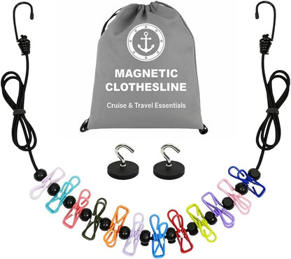 Magnetic Clothesline for Cruise Ship Cabin Approved – Non-Scratch Rubber-Coated Magnets with 12 Clips & Waterproof Storage Bag, Portable Travel Clothes Line, Cruise Essentials 2025
