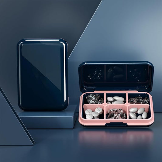 Pill Box Waterproof Travel Pill Case Portable Daily Pill Container Pill Holder Purse 6 Compartments Pocket Compact Medicine Organizer for Vitamin,Fish Oils,Supplements,Medication (Large Blue)