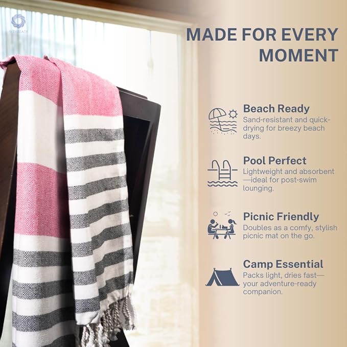 Cotton Turkish Beach Towel with Towels Oversized 36"x72" Pool Absorbent Extra Large Quick Dry Sand Travel Towel (Rosé Obsidian, 2 Pack)