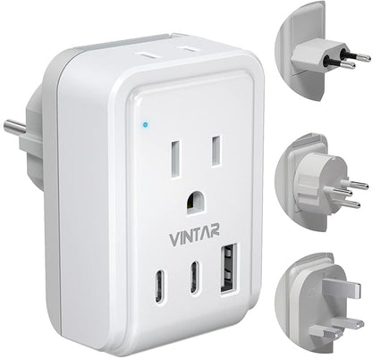 VINTAR Israel Adapter Plug Kit, UK Adapters for Travel with 3 USB Ports (2 USB C) and 2 American Outlets, Type C,G,H Swap&Adapt Attachments, Adapter for Europe and UK Israel Ireland Iceland