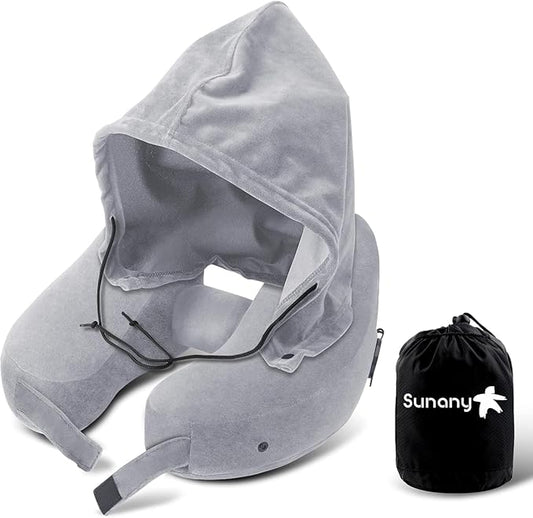 Sunany Neck Pillow for Travel Inflatable Airplane Pillow Comfortably Supports Head,Neck and Chin,Inflatable Travel Pillow with Soft Velour Cover,Hat,Portable Drawstring Bag (Grey)