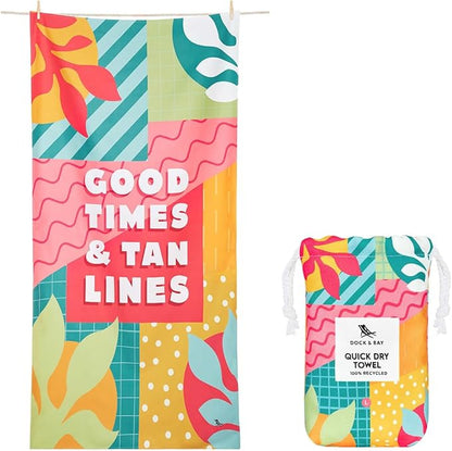 Dock & Bay Beach Towel - Quick Dry, Sand Free - Compact, Lightweight - 100% Recycled - Includes Bag - Good Times & Tan Lines - Large (160x90cm, 63x35)