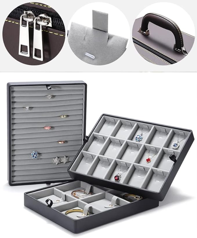 Jewelry Trays stacks Carriable with Handle Zipper Large Box Organizer Faux-Leather Accessory Case Storage(L3-BR)