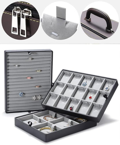 Jewelry Trays stacks Carriable with Handle Zipper Large Box Organizer Faux-Leather Accessory Case Storage(L3-BR)
