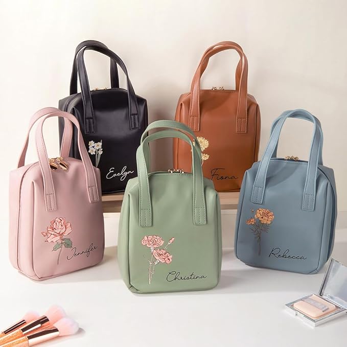 callie Personalized Makeup Bag - Custom Birth Flower & Name, Leather Cosmetics Organizer Travel Bag with Double Zippers & Handle, Birthday Mother's Day Gift for Women