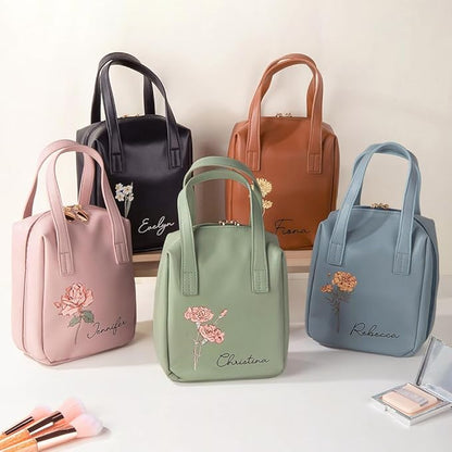 callie Personalized Makeup Bag - Custom Birth Flower & Name, Leather Cosmetics Organizer Travel Bag with Double Zippers & Handle, Birthday Mother's Day Gift for Women