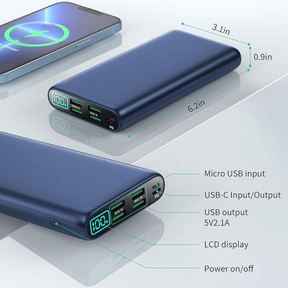 Portable Charger 38800mAh,LCD Display Power Bank,5 USB Outputs Battery Pack Backup, USB-C 3A in&out Travel Essential Portable Phone Charger For iPhone 17/16/15/14/13 Pro/12,Android Samsung Galaxy-Blue