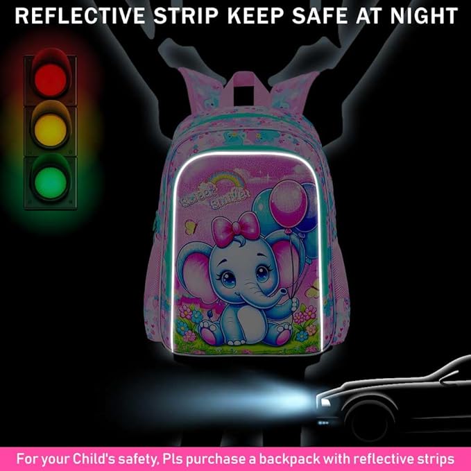 WZLVO 3PCS Backpack for Girls, 16'' Kids Elephant Bookbag with Lunch Box, Cute Animal Water Resistant School Bag Set for Elementary Kindergarten Preschool