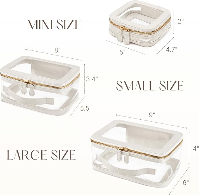 Clear Cosmetic Bag Set for Women Makeup Bag with Handle, 3 Pcs Travel Toiletry Bag Transparent Cosmetic Case Portable Make Up Organizer Bag for Essentials (White, Mini+S+L)