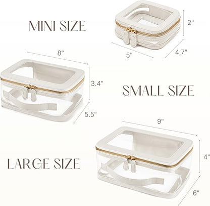 Clear Cosmetic Bag Set for Women Makeup Bag with Handle, 3 Pcs Travel Toiletry Bag Transparent Cosmetic Case Portable Make Up Organizer Bag for Essentials (White, Mini+S+L)