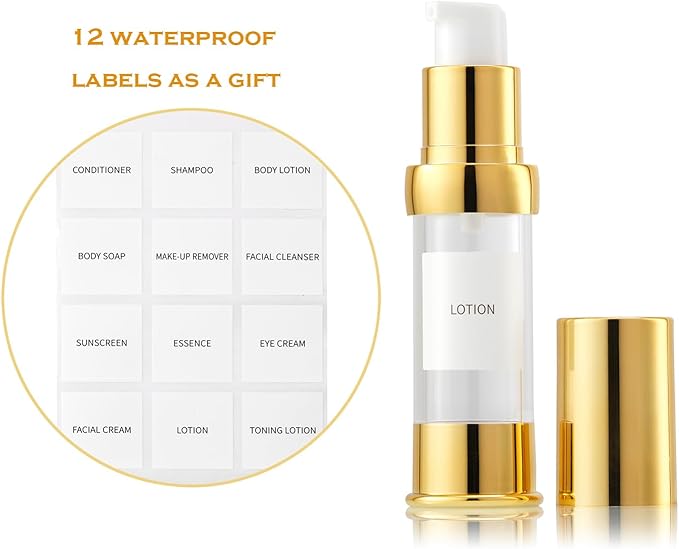 Gold 15ML 0.5 oz Airless pump bottle Toiletries Travel Size containers airport essentials Dispenser with Box Reusable mini lotion plastic travel bottles 4 Packs