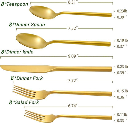 DEACORY Silverware Set with Serving Utensil Set Matte Gold Flatware Set Hand Forged Stainless Steel Cutlery Set 45 Pieces Matte Finished Hexagon Handle Service for 8, DE1004