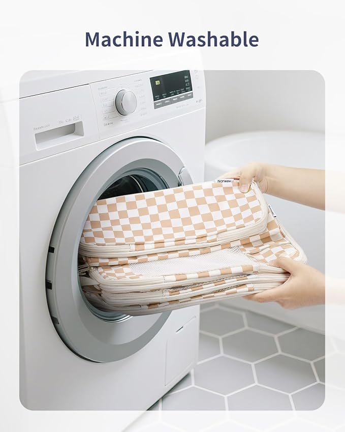 Narwey 5 Set Compression Packing Cubes for Travel, Luggage Packing Organizer Bags for Carry on Suitcase, Expandable Checkered Storage Bags with Laundry & Handle (Light Checkerboard)