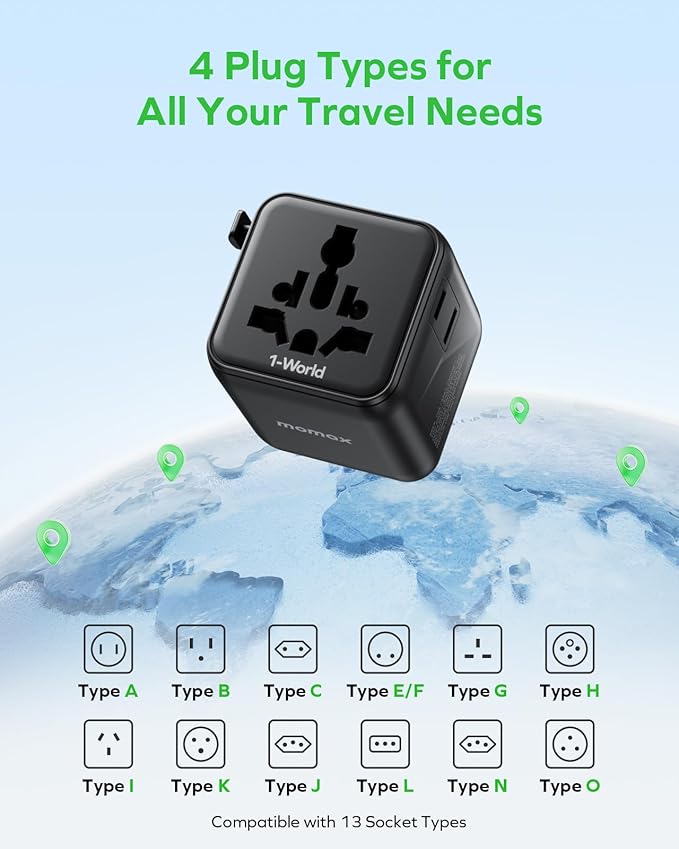MOMAX Mini Universal Travel Adapter Worldwide, 2 AC, All European Travel Plug Adapter UK, Travel Essentials for US to Europe Adaptor, All-in-One Wall Charger for AUS JP (No USB Port)