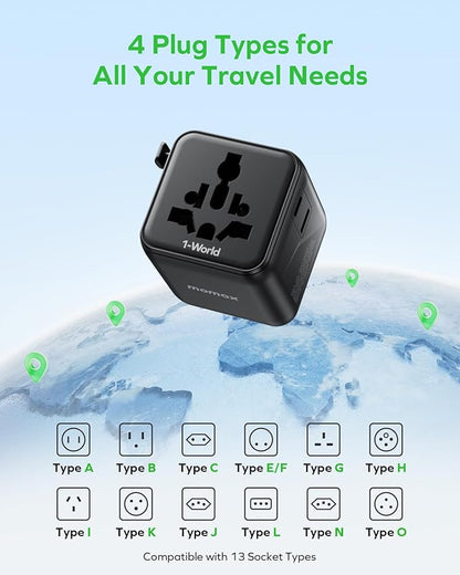 MOMAX Mini Universal Travel Adapter Worldwide, 2 AC, All European Travel Plug Adapter UK, Travel Essentials for US to Europe Adaptor, All-in-One Wall Charger for AUS JP (No USB Port)