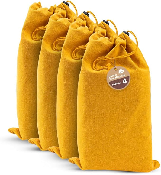 LFH Cotton Rich Shoe Storage Bags with Drawstring, Dustproof Breathable Reusable Organizer, Perfect For Travel, Dorm, Hotel, College, Gym, Easy to Carry, Machine Washable 8"x17" (Pack of 4) - Golden