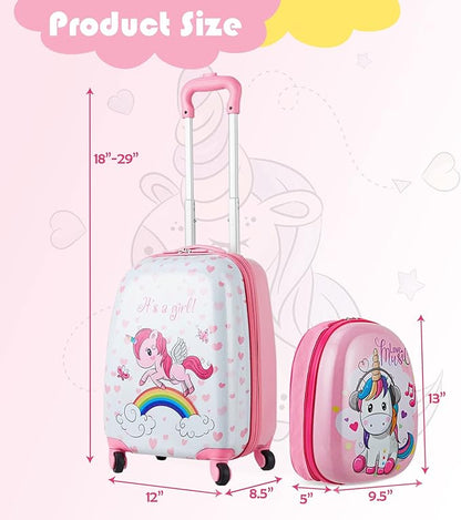 BABY JOY 2 Pcs Kids Luggage Set, 16" Carry-on Luggage Trolley Case & 12" Backpack w/Rolling Wheels, Retractable Handle, Lightweight Airline-approved Design, Kids Suitcase for Girls Boys (Pink Pony)