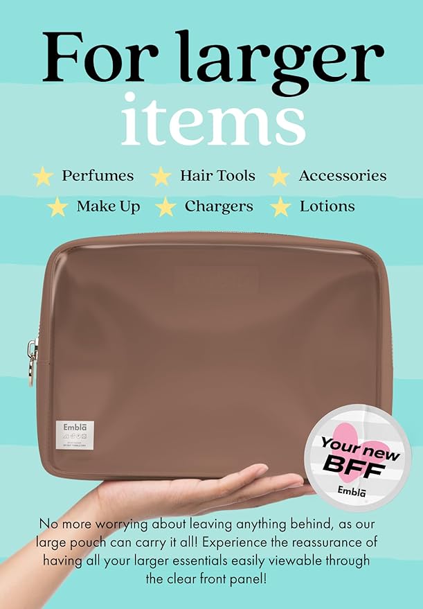 Embla London Makeup Bag Cosmetic Case, Clear Zipper Make Up Pouch and Toiletry Travel Tote, Cute Skincare Pouches for Women Girls, Preppy Purse Cosmetic Organizer, Large Makeup Bags, Mocha Mousse