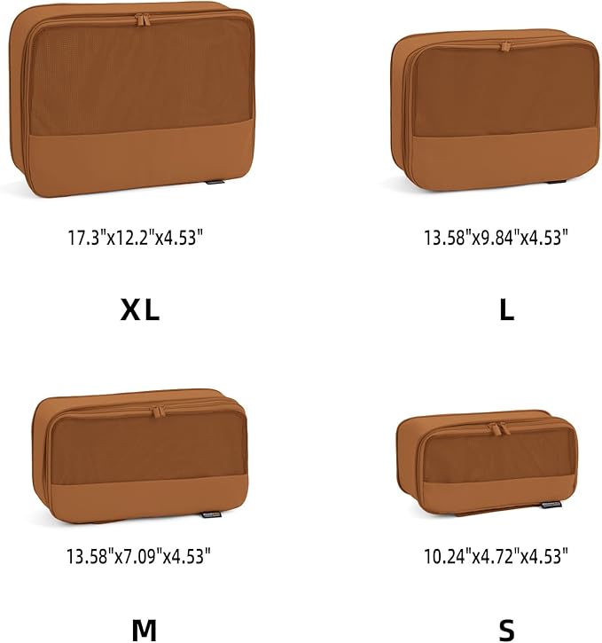 4 Piece Compression Packing Cubes for Suitcases and Backpack, Lightweight Travel Organizer Bags (Light Brown)