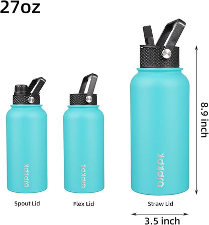 BJPKPK Insulated Water Bottles with Straw Lid, 27oz Stainless Steel Water Bottle with 3 Lids, Leak Proof BPA Free Metal Thermo, Mugs, Tumblers, Keep Cold Hot - Turquoise