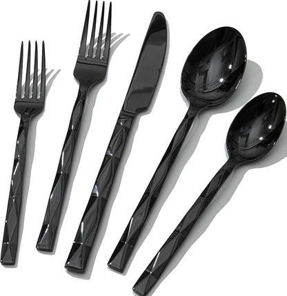 KINGSTONE Black Silverware Set, Luxury 40 Piece Flatware Set for, 18/10 Stainless Steel Cutlery Set with Diamond Cut Pattern for Kitchen, Home, Wedding, Party, Mirror Polished and Dishwasher Safe