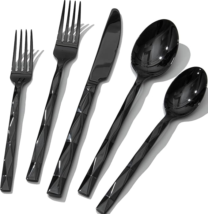 KINGSTONE Black Silverware Set, Luxury 20 Piece Flatware Set for 4, 18/10 Stainless Steel Cutlery Set with Diamond Cut Pattern for Kitchen, Home, Wedding, Party, Mirror Polished and Dishwasher Safe
