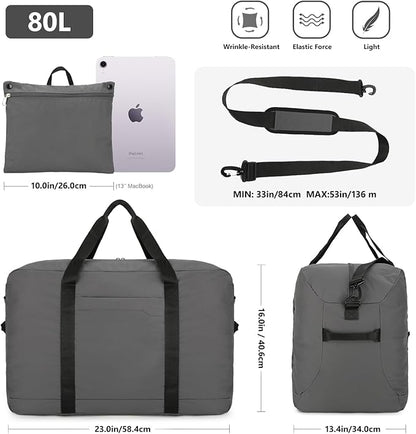 80L Foldable Travel Duffle Bag - Lightweight Duffel Bag for Women & Men, Large Packable Travel Bag for Weekend Trips, Camping & RV Travel (Grey)