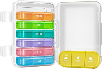 Vikie Weekly Pill Organizer 3 Times a Day, Morn NOON Night, BPA-Free, Portable & Moisture-Proof for Pills, Vitamins, Supplements (3x7 Transparent + Rainbow)