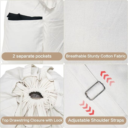 Pack of 2, 100% Breathable Cotton Canvas Laundry Backpack with Drawstring Closure, Laundry Bags with Shoulder Straps & 2 Handles, Washable in Machine & Dryer
