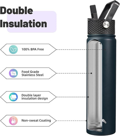 Insulated Water Bottle 24oz Stainless Steel Sport Bottles with 3 Lids,Navy Blue