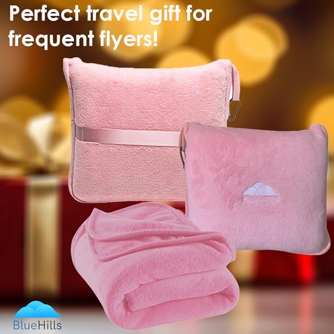 BlueHills Premium Soft Travel Blanket Pillow Airplane Blanket in Soft Bag case with Hand Luggage Belt and Carabiner Compact Pack Large Cozy Portable for Plane Car Train Transit Light Pink T020