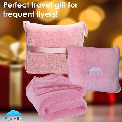 BlueHills Premium Soft Travel Blanket Pillow Airplane Blanket in Soft Bag case with Hand Luggage Belt and Carabiner Compact Pack Large Cozy Portable for Plane Car Train Transit Light Pink T020