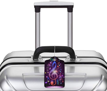 Set of 2 Music Note Luggage Tags with Full Back Privacy Suitcase Labels Identifiers, Colorful Purple PU Leather Baggage Tags for Music Lovers Women Men Girls Boys Travel