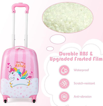 BABY JOY 2 Pcs Kids Luggage Set, 16" Carry-on Luggage Trolley Case & 12" Backpack w/Rolling Wheels, Retractable Handle, Lightweight Airline-approved Design, Kids Suitcase for Girls Boys (Lovely Pony)