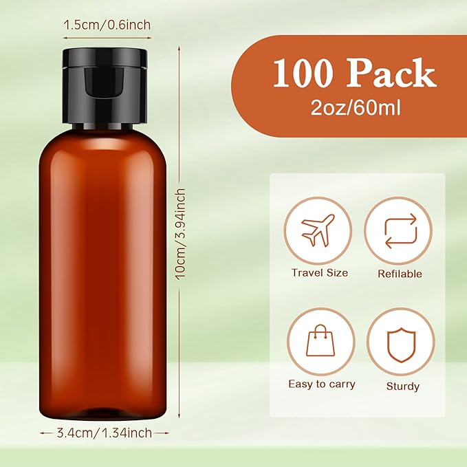 Eccliy 100 Pack 2 oz Travel Bottles Plastic Bottles with Lids Refillable Travel Size Cover Cap Plastic Liquid container for Toiletries Lotions Shampoo Creams Dispensing with 5 Funnels(Brown)