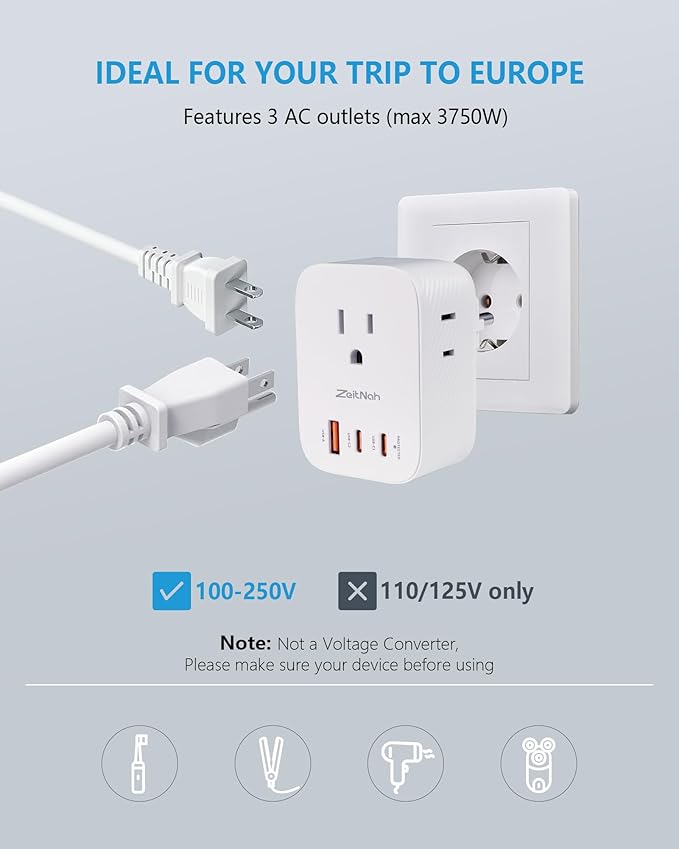 2 Pack European Travel Plug Adapter, Type E/F Plug Adapter with 30W GaN Fast Charger, 3 AC Outlets, 2 USB-C & 1 USB-A Ports, Power Adapter for France, Germany, Spain, South Korea & More