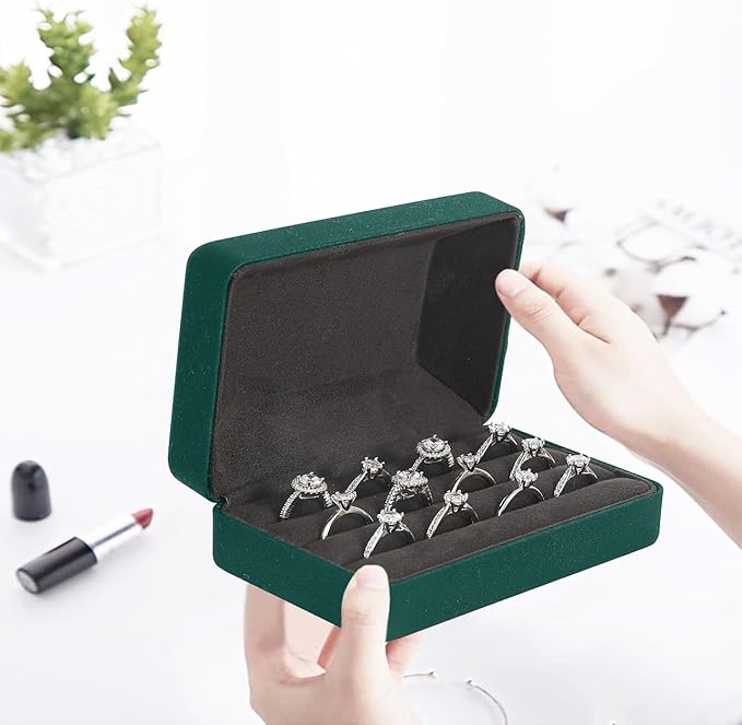 Ring Storage Boxes for Multiple Rings, Compact and Stylish Travel Jewelry case, Portable Small jewelry Organizer Box Tray Gift for Women, Girl(Green)