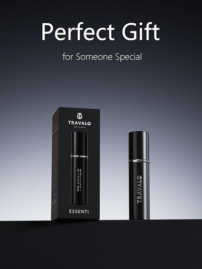 Refillable Perfume Atomizer, Bottom Filling Fragrances Perfume Bottle, Mini Cologne Dispenser, Travel sized, Portable Sprayer for Women Men, Gift (ESSENTI, BLACK)