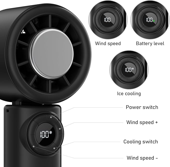 CIVPOWER Handheld Fan: Portable Small Ice Cooling Plate- 4000mAh Rechargeable 100 Gear High-Speed Turbo 10500 RPM - Personal Foldable Battery Operated for Travel Indoor Outdoor Women Men (Black)