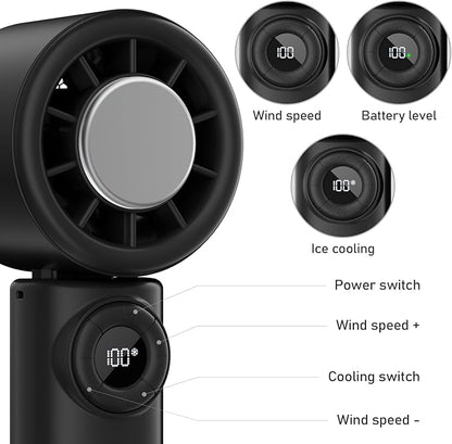 CIVPOWER Handheld Fan: Portable Small Ice Cooling Plate- 4000mAh Rechargeable 100 Gear High-Speed Turbo 10500 RPM - Personal Foldable Battery Operated for Travel Indoor Outdoor Women Men (Black)