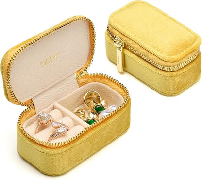 TAIMY Small Travel Jewelry Case, Mini Tiny Plush Velvet Jewelry Box for Women and Girls, Pocket Size Jewelry holder organizer for Rings Earrings and Small Items(Yellow)