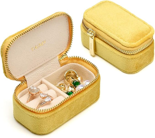 TAIMY Small Travel Jewelry Case, Mini Tiny Plush Velvet Jewelry Box for Women and Girls, Pocket Size Jewelry holder organizer for Rings Earrings and Small Items(Yellow)
